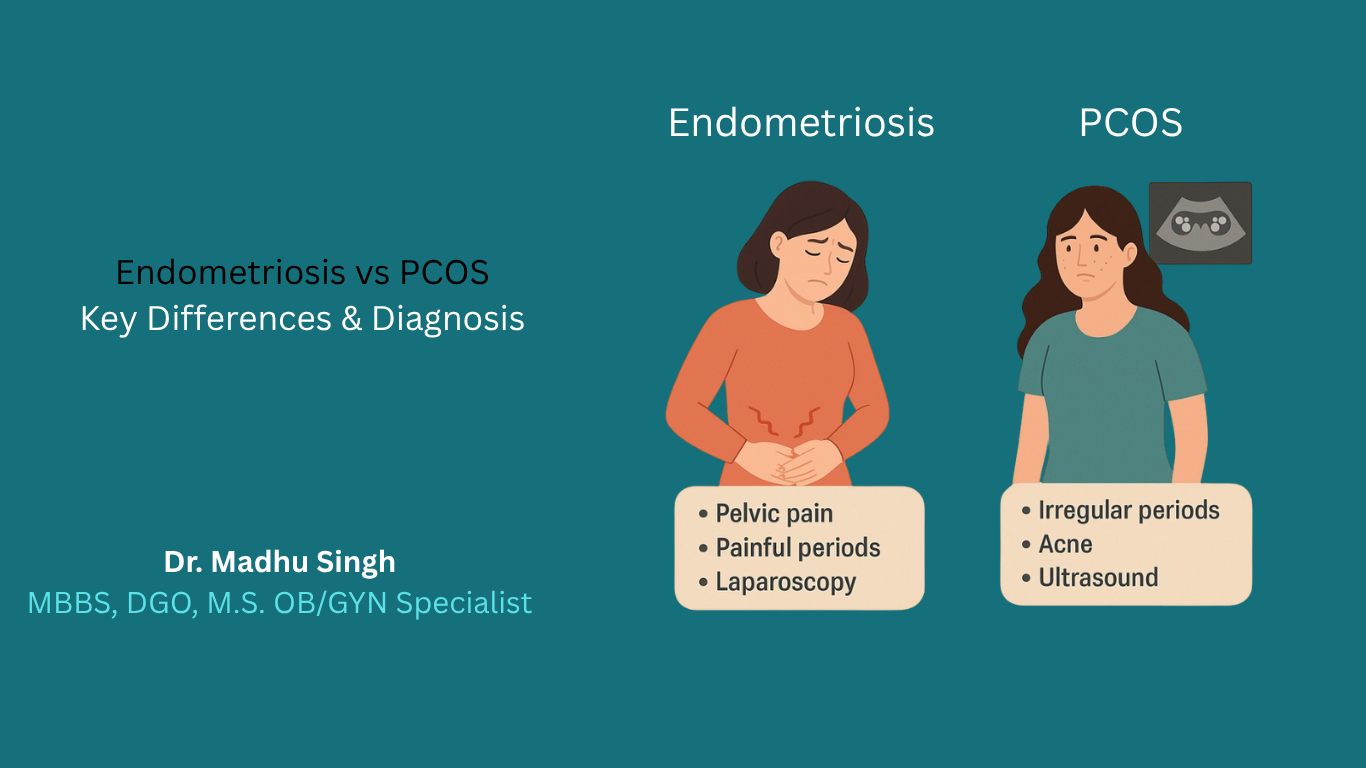 Endometriosis vs PCOS infographic showing symptoms, diagnosis, and doctor’s label.